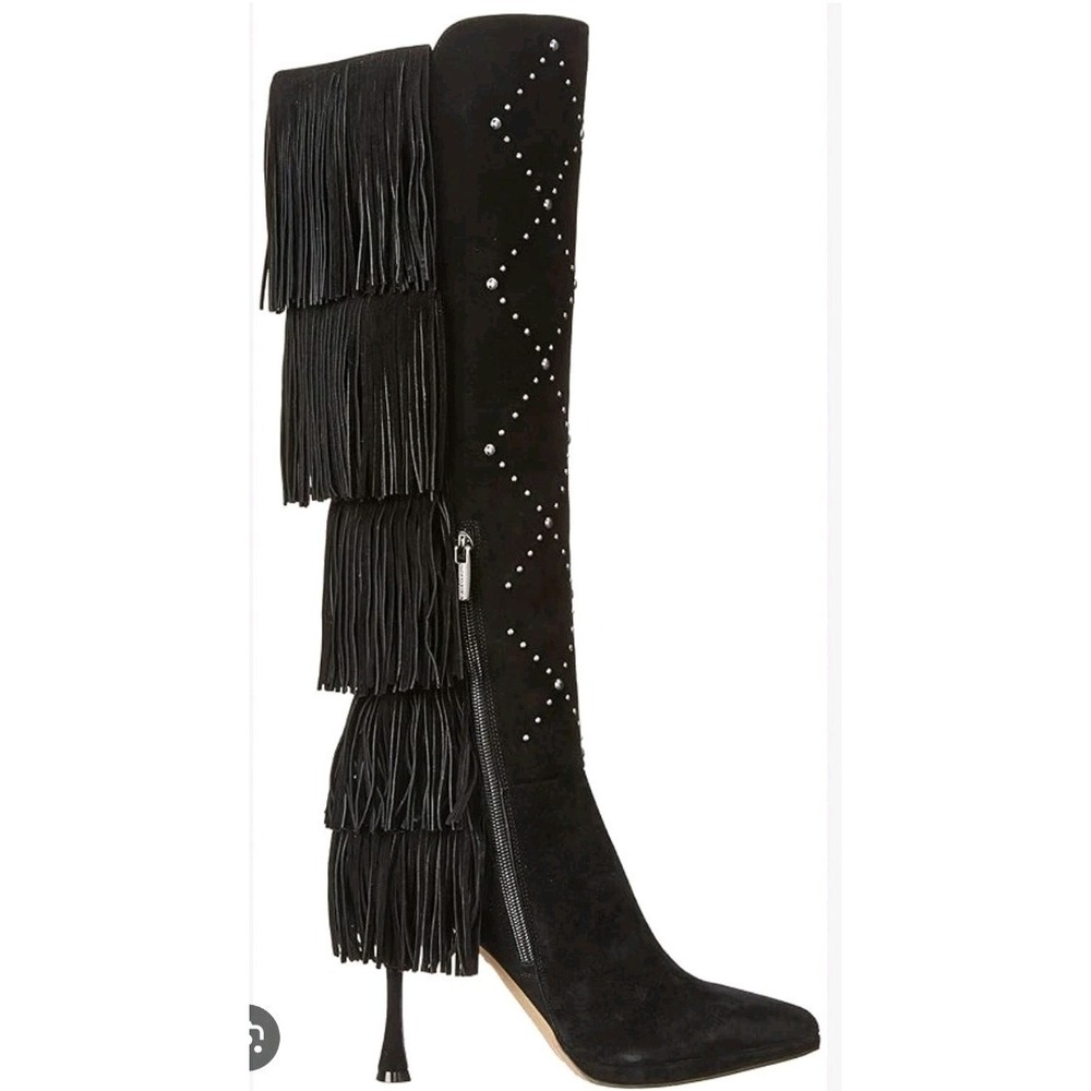Vince Camuto Panaryaz Knee High Boot Sz 10 Suede Fringe Stud Western Glam NEW